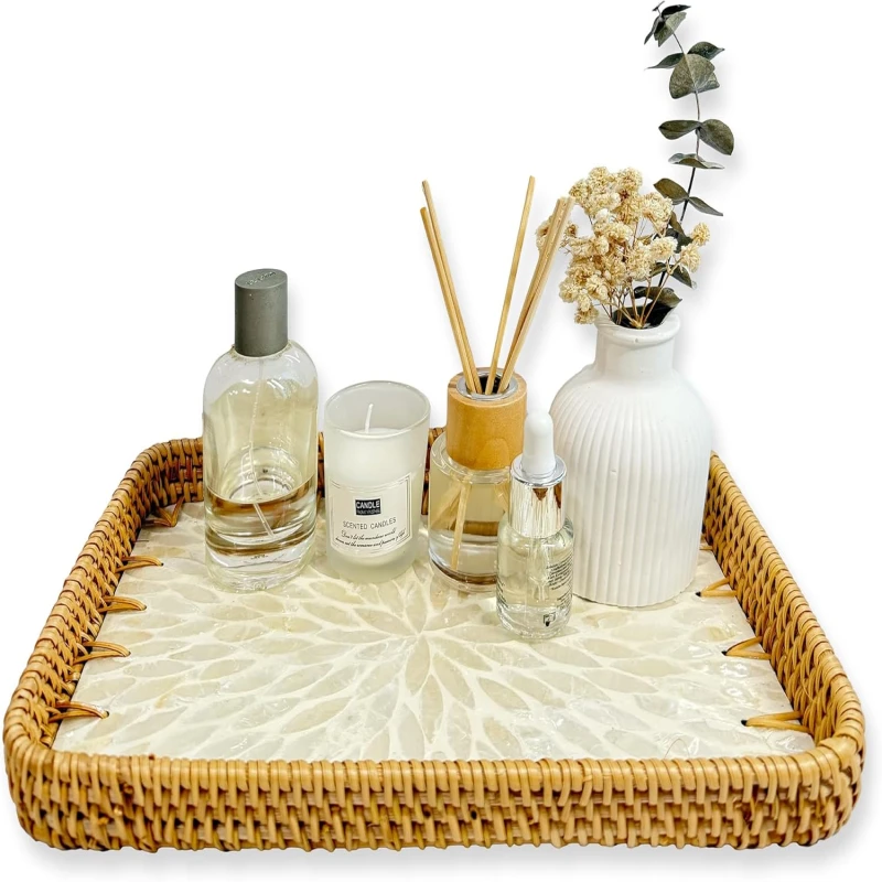 Rattan Rectangle Tray with Mother of Pearl Inlay 11.8"